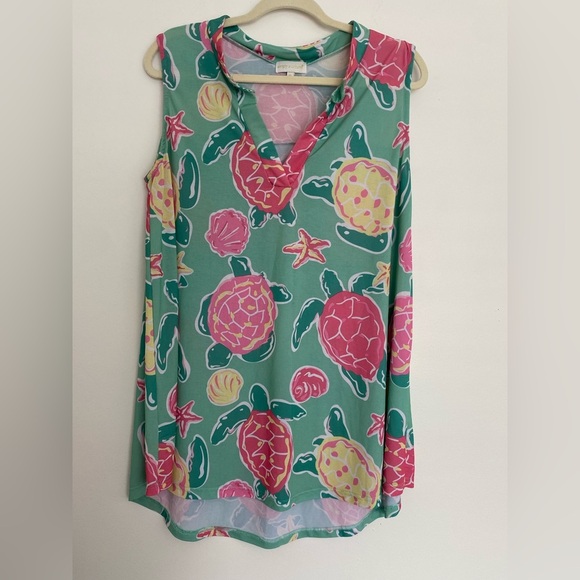 Simply‎ Southern Sleeveless V Neck Turtle Seashell Summer Blouse Women XL Aqua - Picture 1 of 8
